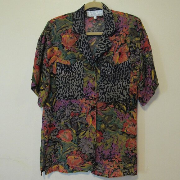 Platinum by Dorothy Schoelen Tops - Vtg Platinum Dorothy Schoelen Sheer Floral Animal Print Button Front Tunic sz S
